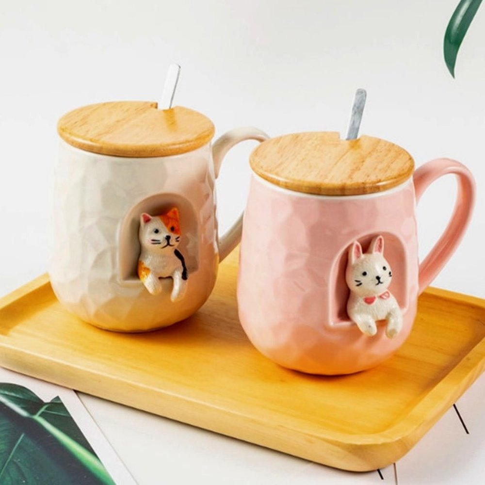 Animal Theme Mugs/Cute Cat/Adorable Rabbit/with Lid Spoon